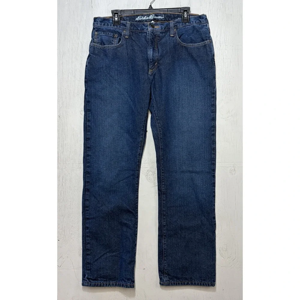 Mens Eddie Bauer Flannel Lined Jeans Size 35x32 Straight Blue Winter Warm Cotton